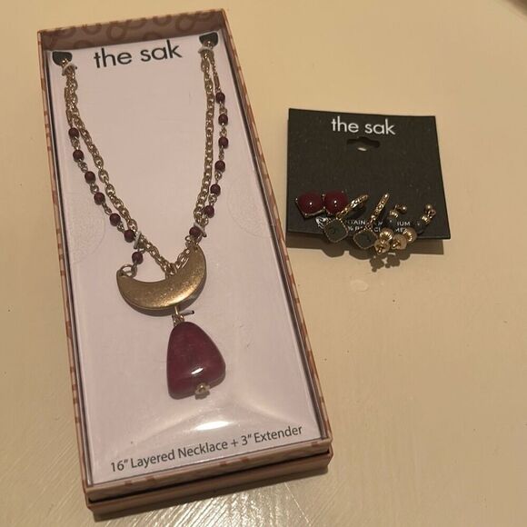 The Sak Gold Tone Fall Jewelry Set Burgundy Olive Green Bohemian Style Gift NWT - Picture 2 of 10